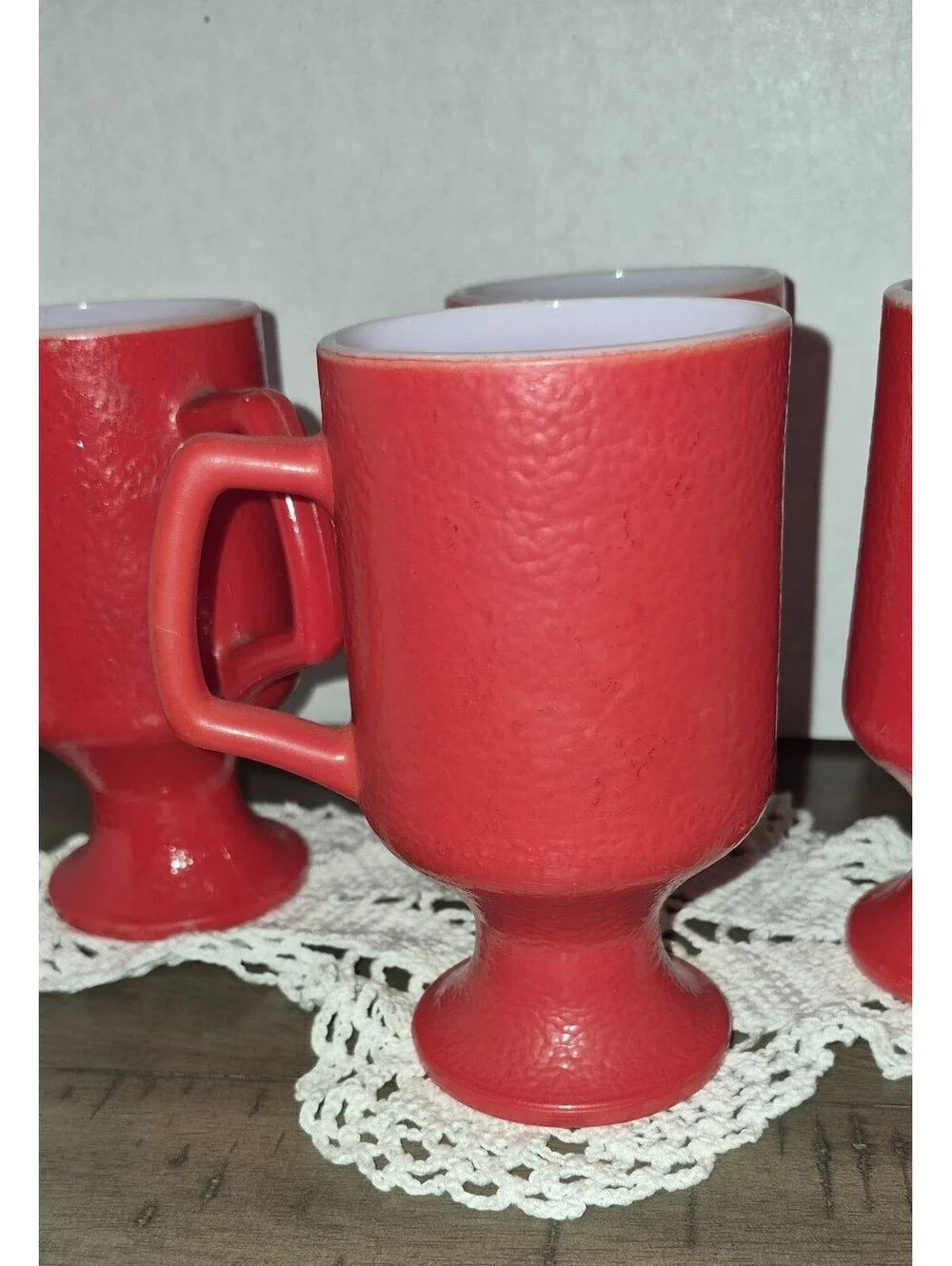 4 Vintage Red Hazel Atlas Orange Peel Mugs Pedestal Coffee Cup 5 1/2